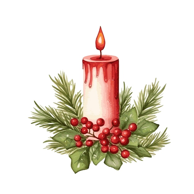 Christmas decor with candle holly berry cranberry and pine fir tree branch for holiday card decor