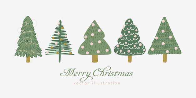 크리스마스 장식 트리 스프루스 전나무 또는 소나무 세트 손으로 그린 낙서 스타일의 벡터 그림