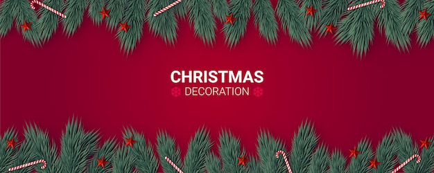 Vector christmas decoration composition on red background with fir branches