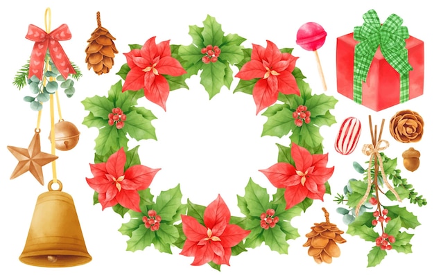 Elementi di decorazione natalizia illustrazioni stili acquerello Vettore Premium