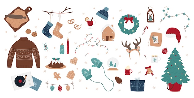 Christmas decoration illustration set, hand drawn style.