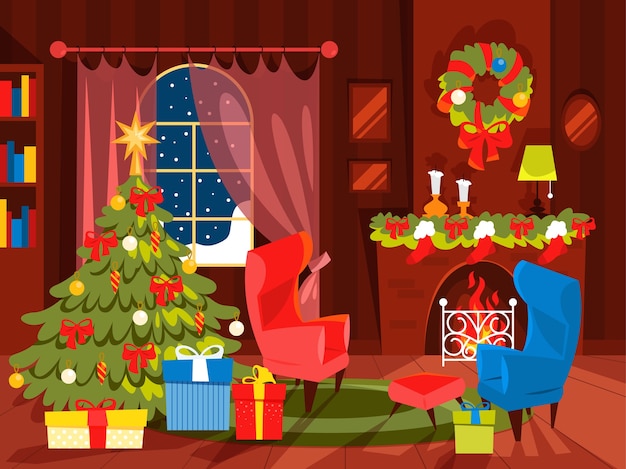 Decorazione natalizia, soggiorno con albero di natale. confezione regalo sotto l'albero di natale. illustrazione in stile cartone animato.