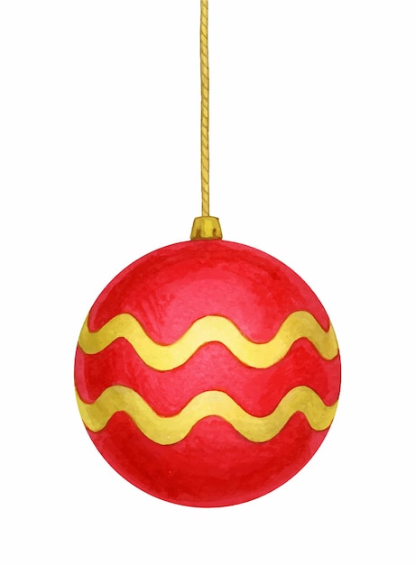 Christmas decoration. Rad hanging ball with waves pattern. Hand drawn watercolor illustration.