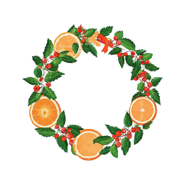 Christmas decoration. Round frame with holly leaves, oranges and mistletoe branches