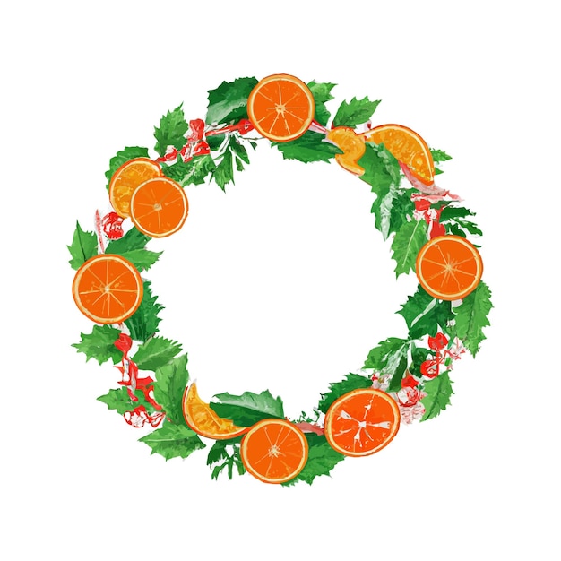 Christmas decoration. round frame with holly leaves, oranges and mistletoe branches