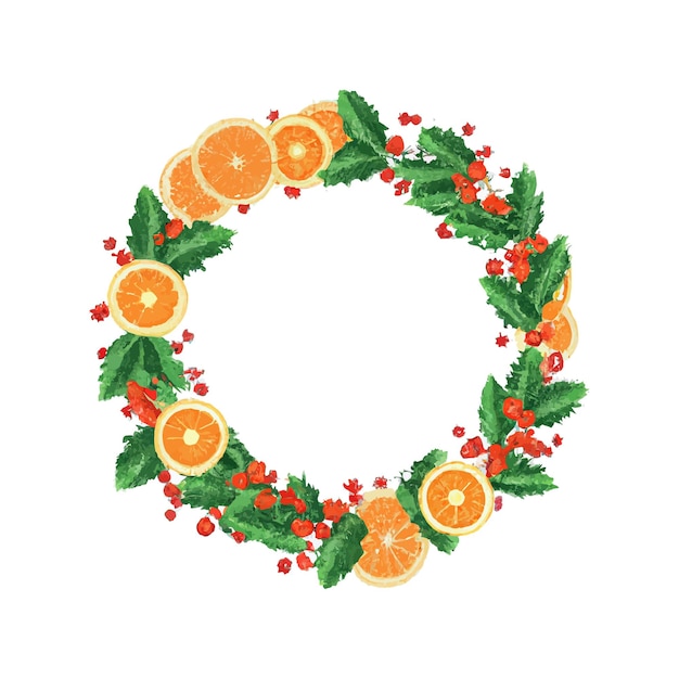 Christmas decoration. Round frame with holly leaves, oranges and mistletoe branches