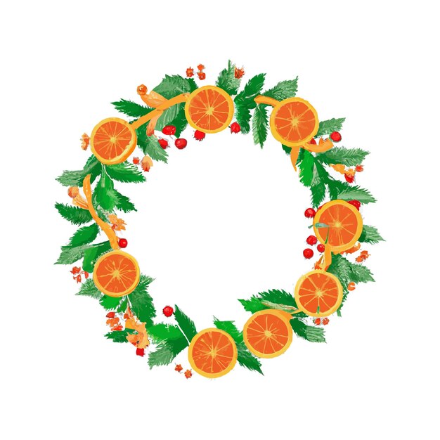 Christmas decoration. Round frame with holly leaves, oranges and mistletoe branches