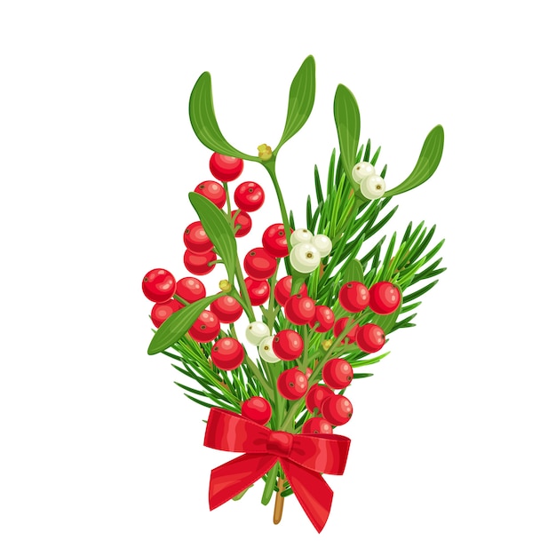 Christmas decoration of spruce twig holly berries and mistletoe with red bow