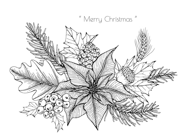 Christmas decoration with flower and leaf hand drawn illustration.