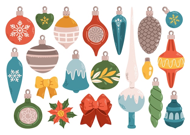 Рождественские украшения шары установить плоский дизайн изолированные векторные иллюстрации