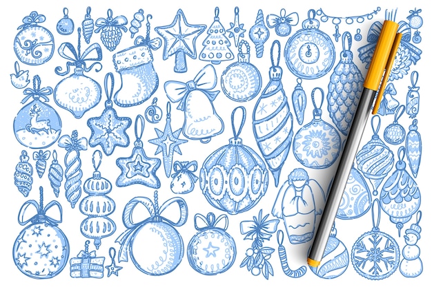 Christmas decorations doodle set.