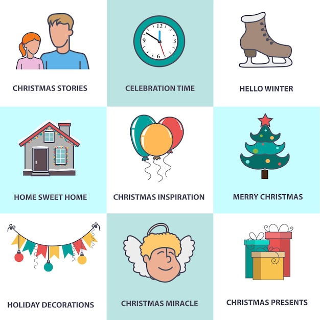 Christmas decorations gifts and other christmas symbols set of christmas icons in flat style