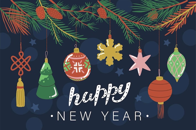 Le decorazioni natalizie sono appese ai rami di abete rosso con i coni biglietto di auguri per il nuovo anno citazione cantautoriale merry christmas ball decoration banner vacanze invernali stile piatto nell'illustrazione vettoriale