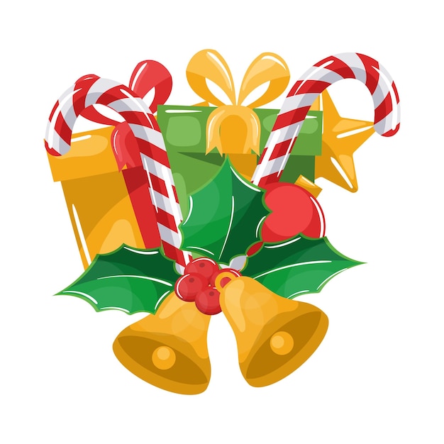 Вектор Рождественские украшения листья падуба конфеты подарочные коробки и колокольчики для рождественской открытки
