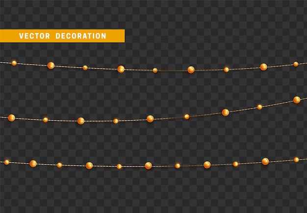 ベクトル 透明な背景に隔離されたクリスマス装飾 金色の弦の花束とビーズの現実的なセット 金色のクリスマス装飾 祭りのデザイン要素