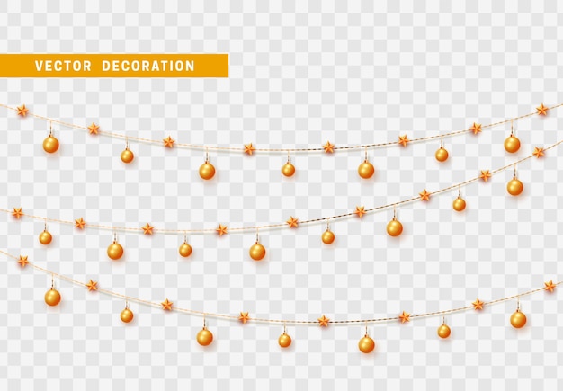 Christmas decorations isolated on transparent background. Gold garlands with balls and stars realistic set. Golden Xmas decor. Festive design element