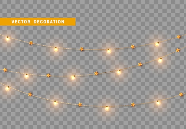 Christmas decorations, isolated on transparent background. Gold light garlands with stars realistic set. Golden Xmas decor. Festive design element