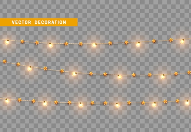 透明な背景に隔離されたクリスマスの装飾. 星が現実的なセットで金色の光の花束. 金色のXmasの装飾. 祭りのデザイン要素