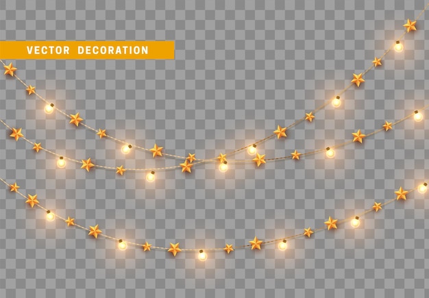 Christmas decorations, isolated on transparent background. gold light garlands with stars realistic set. golden xmas decor. festive design element