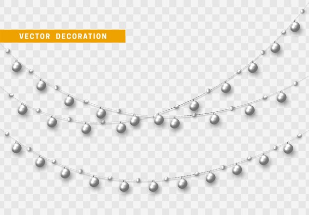 Vector christmas decorations, isolated on transparent background. silver string garlands with balls realistic set. white xmas decor. festive design element