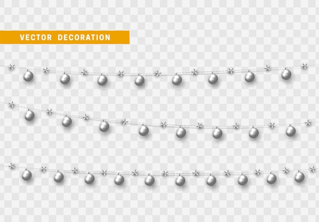 Vector christmas decorations isolated on transparent background. white garlands with balls and stars realistic set. silver xmas decor. festive design element