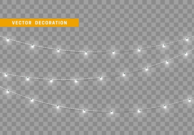 Christmas decorations, isolated on transparent background. White light garlands realistic set. Silver Xmas decor. Festive design element