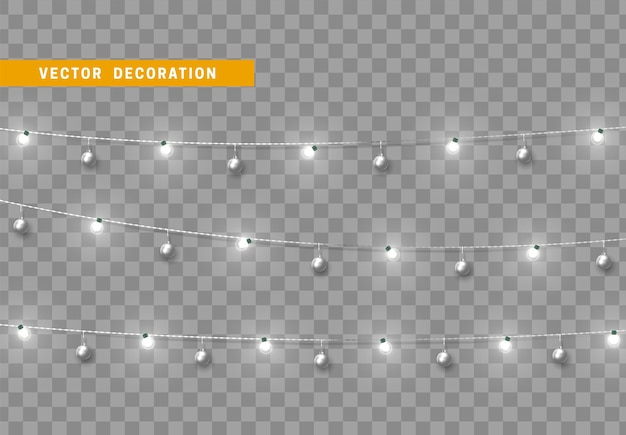 Christmas decorations, isolated on transparent background. White light garlands with balls realistic set. Silver Xmas decor. Festive design element