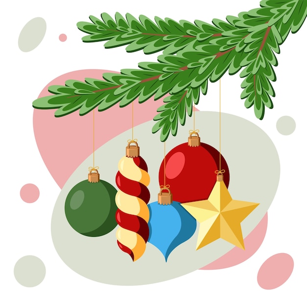 Рождественские украшения на еловой ветке. плоские векторные иллюстрации.
