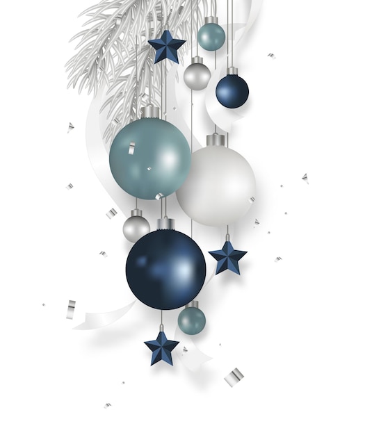 Christmas decorations with Christmas balls stars and pine branches are hanging on white background.