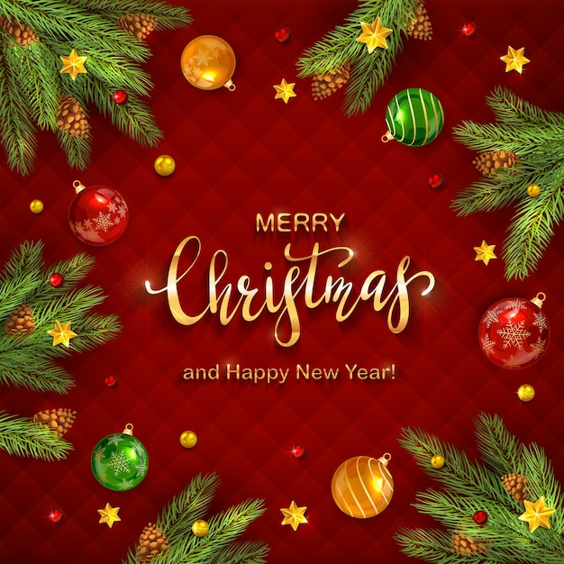 빨간색 배경에 전나무 나뭇가지, 솔방울, 공, 황금 별이 있는 크리스마스 장식. 금색 글자가 있는 그림은 휴일 디자인, 카드, 초대장 및 배너에 사용할 수 있습니다.