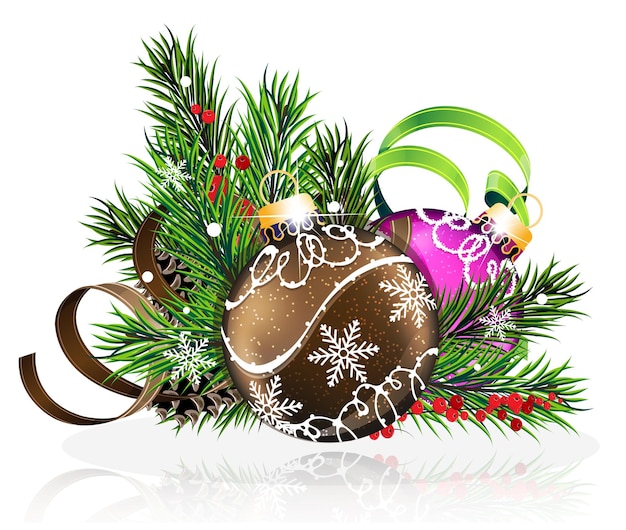 Christmas decorations with pine branches cones and tinsel on white background