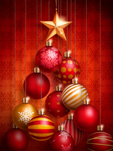 Christmas decorative baubles placed in a tree shape