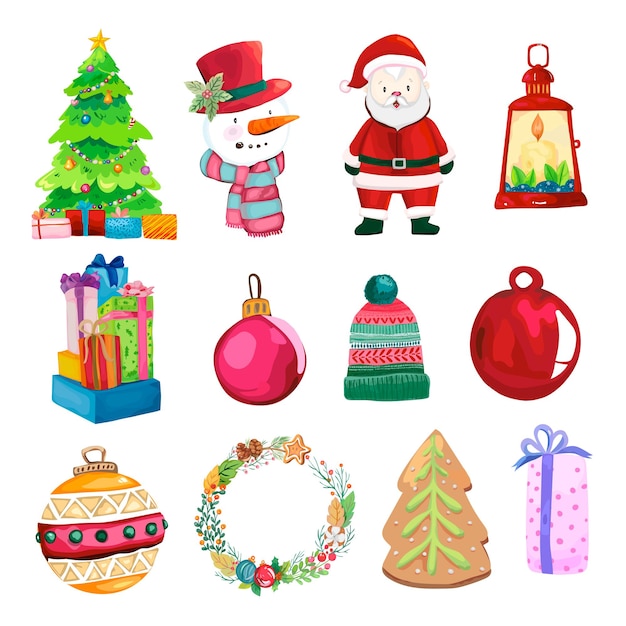 Набор рождественских декоративных элементов. Векторные иллюстрации на белом фоне