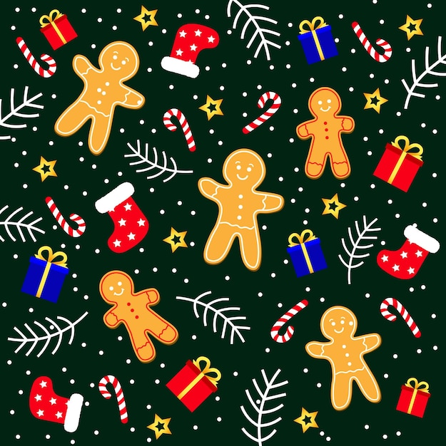 Christmas decorative holiday background with gingerbread and Christmas decoration elements