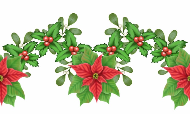 Christmas decorative seamless vector boarder with poinsettia, holly leaves and mistletoe.