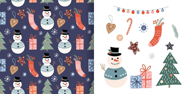 シームレスなパターンとクリスマスの要素を持つクリスマスの装飾セット