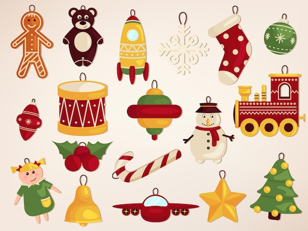 Vector christmas decorative toys big christmas collection in vintage style with traditional christmas