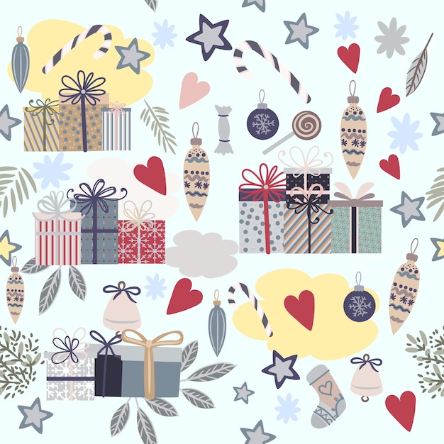 Christmas decorative vector pattern with gifts baubles fir tree hearts