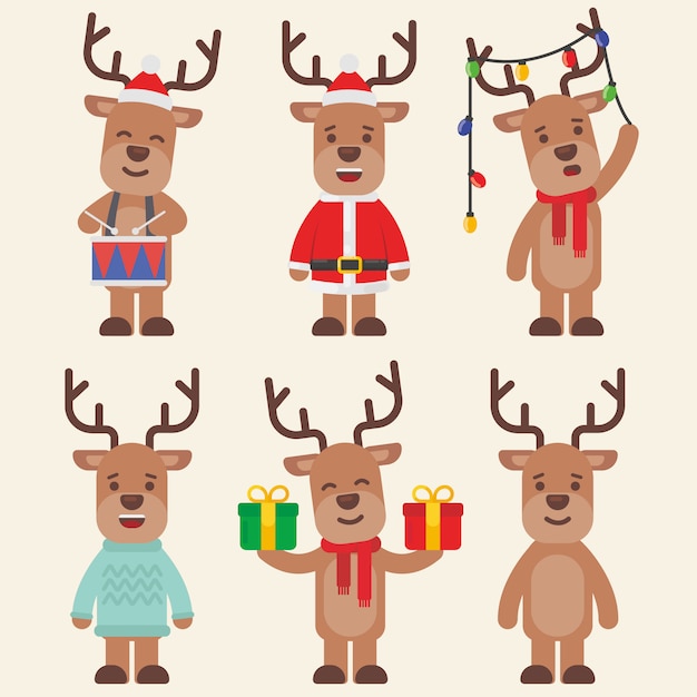 Vector christmas deer character pack in flat design