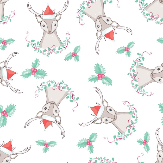 크리스마스 사슴 벡터 원활한 패턴 일러스트 뿔과 산타 모자와 순록 벡터 머리