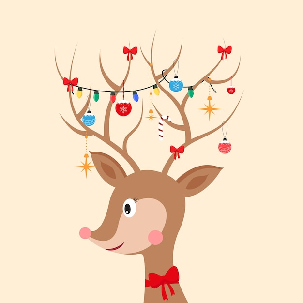 Christmas Deer with decorated horns. Christmas card. Garlands and Christmas balls. Vector