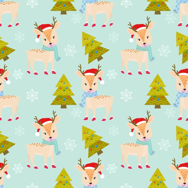 Christmas deer with snow and tree seamless pattern.