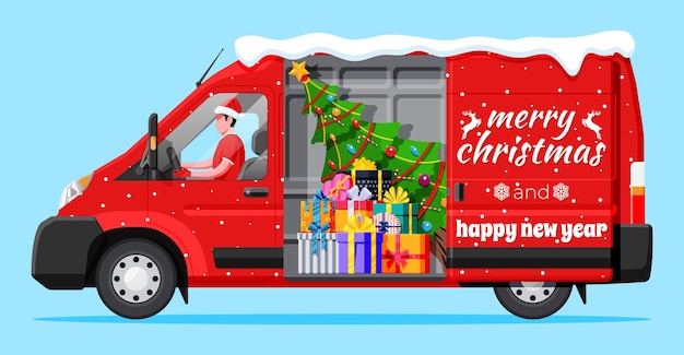 Christmas Delivery Van Isolated Gift Box and Tree Inside Delivery Man in Santa Claus Hat Happy New Year Decoration Merry Christmas Holiday New Year and Xmas Celebration Flat Vector Illustration