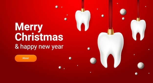 Insegna del dentista di natale con i denti 3d sul nastro. buon natale poster dentale. buon anno. vettore