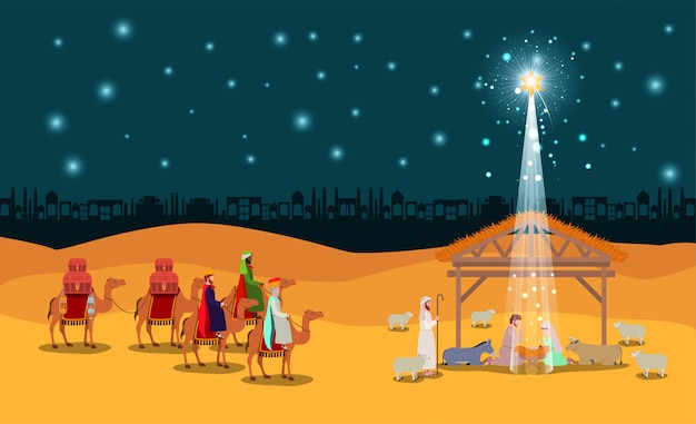 Scena del deserto di natale con la sacra famiglia nella stalla