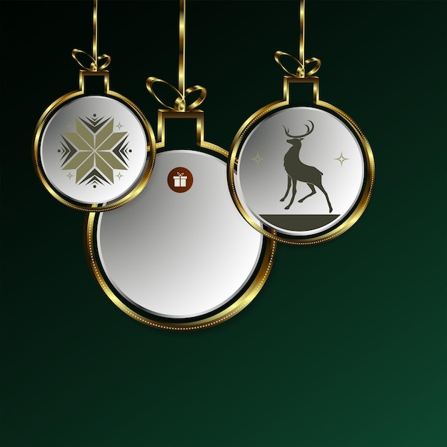 Christmas design of abstract balls with a gold border with silhouettes of snowflakes and deer