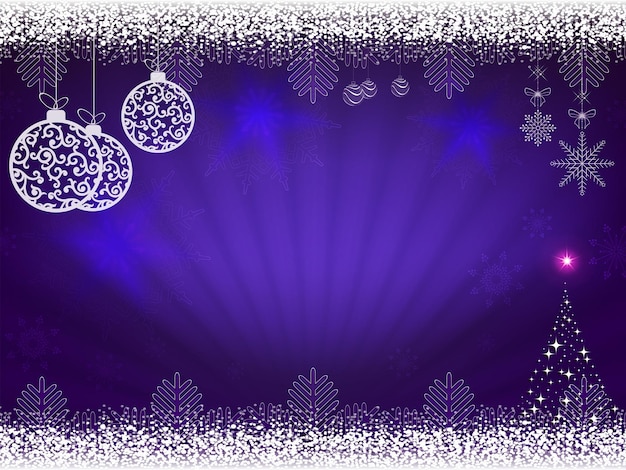 Vector christmas design in blue with rays of light balls in retro style and christmas tree