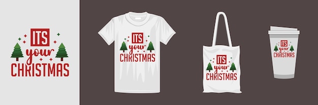 Christmas design for different clothes and accessories products. Merry Christmas lettering quote t-shirt design.