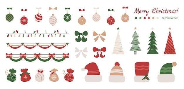 Christmas design element set sticker pack with holiday symbols fir trees balls gift pouch hats