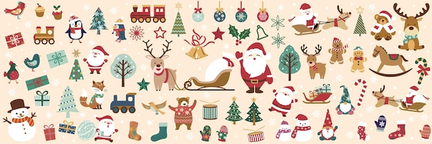 Набор векторных иллюстраций элементов рождественского дизайна, изолированных на простом фоне.